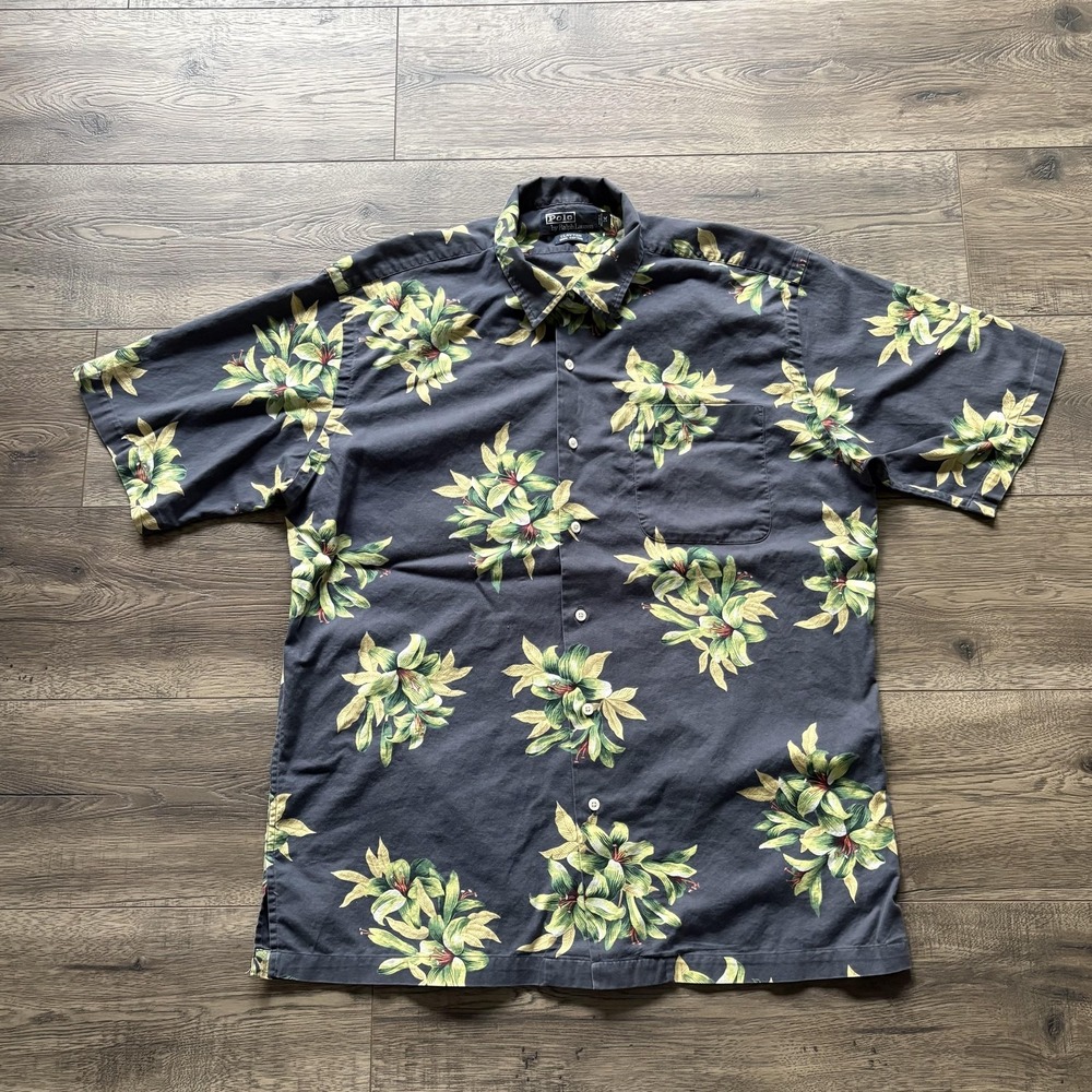 Polo Ralph Lauren Shirt Mens Med Floral Hawaiian Button Front Short Sleeve VTG
